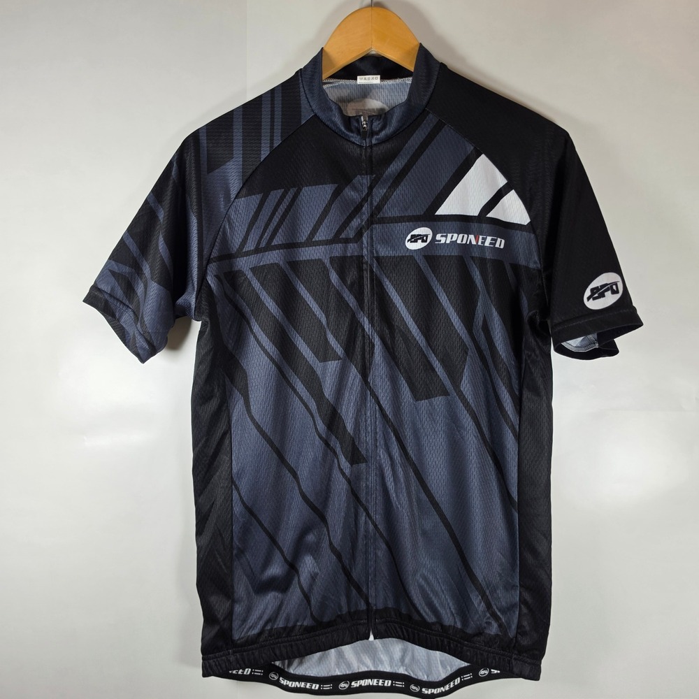 Sponeed Mens Cycling Jersey Short Sleeve Full Zip Black Grey Geometric Large